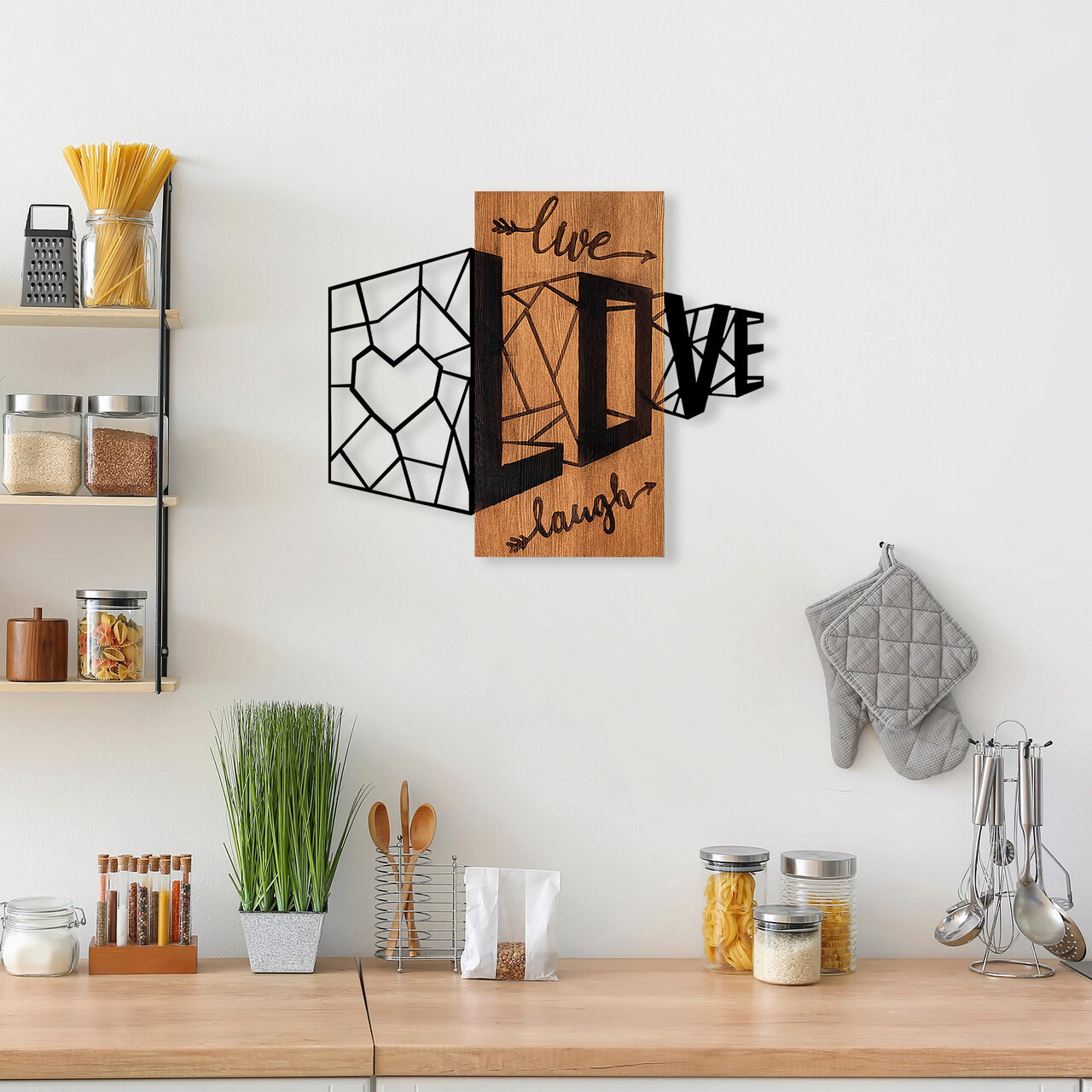 Decoratiune de perete, Live Love Laugh, Dimensiuni: 58 x 68 cm, Nuc / Negru - imagine 7